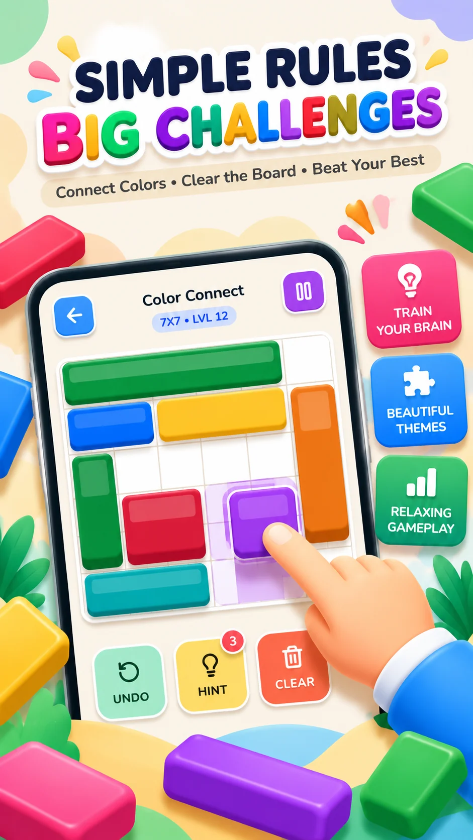 Color Connect gameplay showing bright rectangular blocks and the undo, hint and clear controls