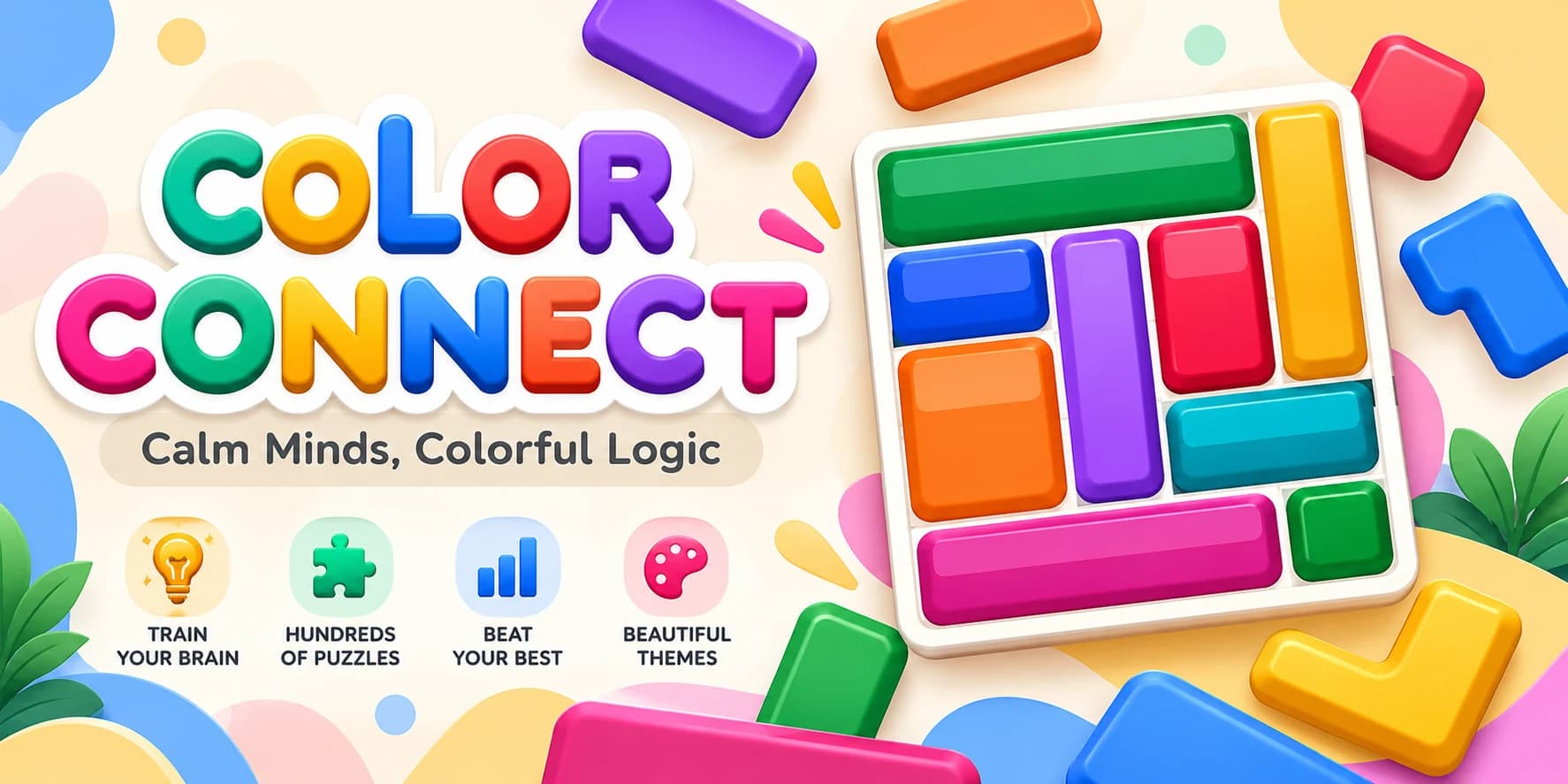 Color Connect promotional feature showing brightly colored block pieces fitted together on a puzzle board